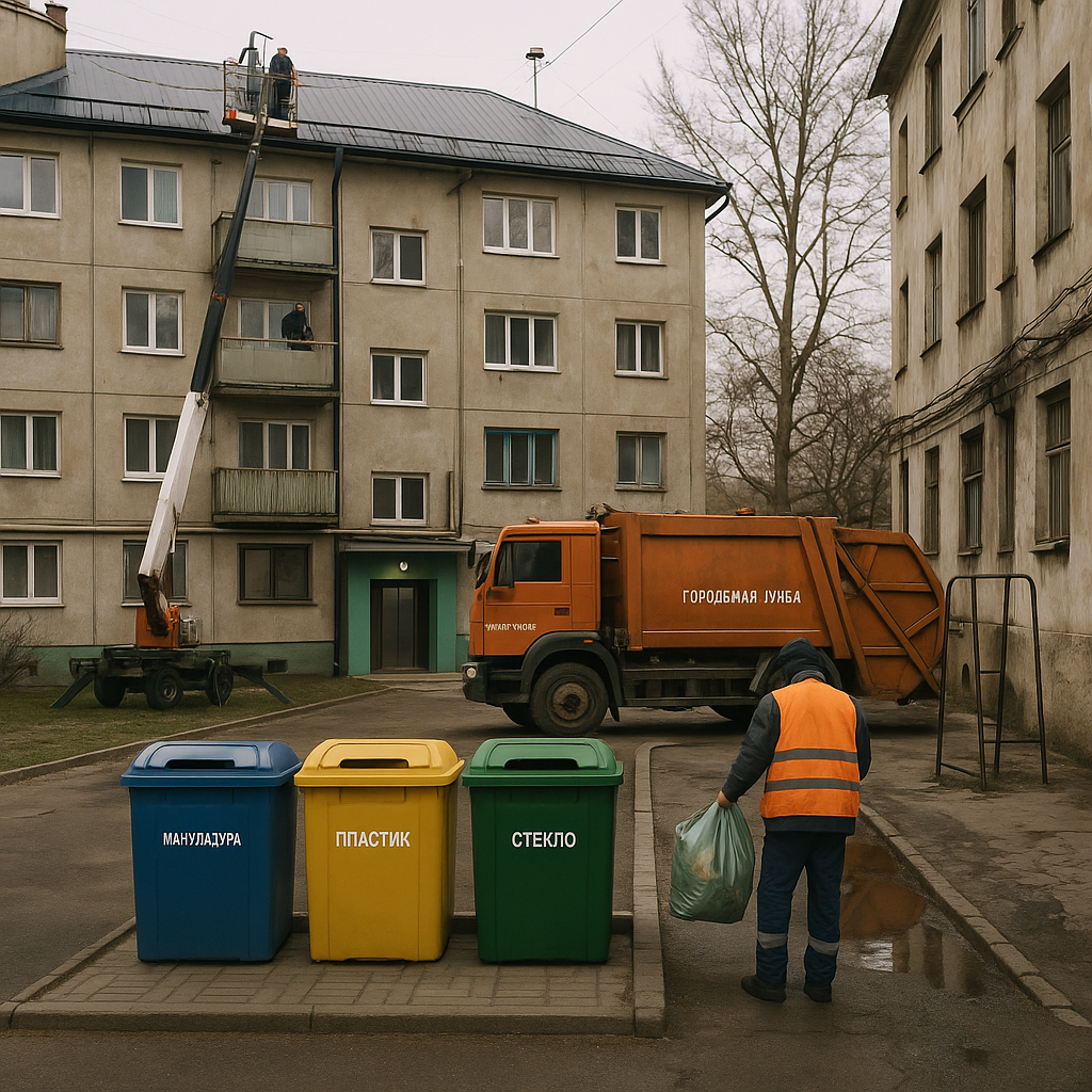 Editorial photo of a Tiraspol apartment courtyard in 2025: refurbished roof work and a